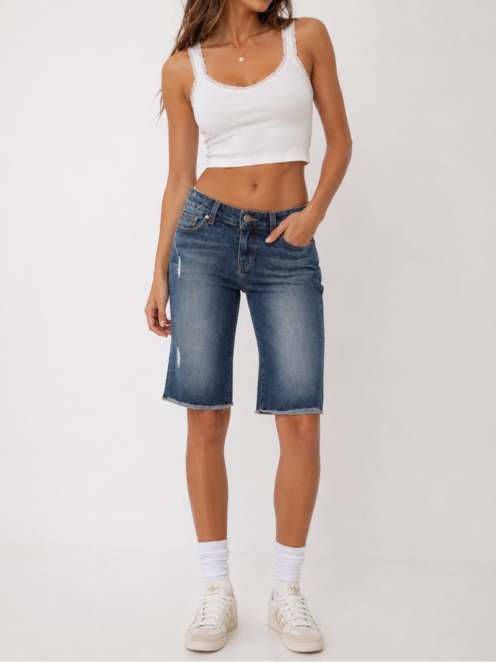 PAIGE Denim Bermuda Shorts Size 25 Distressed Raw Hem Stretch Knee Length Y2K